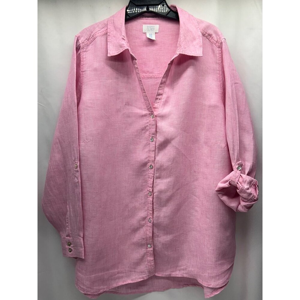 Sigrid Olsen Linen Top Women's 1X Pink Roll Tab Sleeves